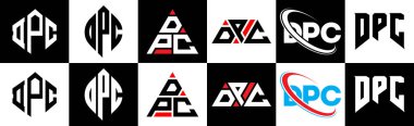 DPC harf logosu tasarımı altı stil. DPC çokgeni, çember, üçgen, altıgen, düz ve basit stil siyah ve beyaz renk varyasyon harfi logosu bir sanat tahtasında. DPC minimalist ve klasik logo