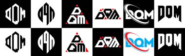 DQM harf logosu tasarımı altı stilde. DQM çokgeni, çember, üçgen, altıgen, düz ve basit stil, siyah ve beyaz renk varyasyon harfi logosu bir sanat tahtasında. DQM minimalist ve klasik logo