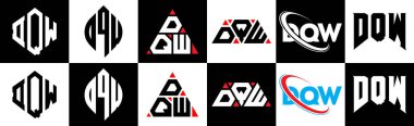 DQW harfli logo tasarımı. Altı stili. DQW çokgen, çember, üçgen, altıgen, düz ve basit stil siyah ve beyaz renk varyasyon harfi logosu bir sanat tahtasında. DQW minimalist ve klasik logo