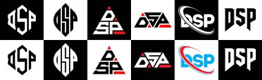 DSP harf logosu tasarımında altı stili var. DSP çokgeni, çember, üçgen, altıgen, düz ve basit stil siyah ve beyaz renk varyasyon harfi logosu bir sanat tahtasında. DSP minimalist ve klasik logo