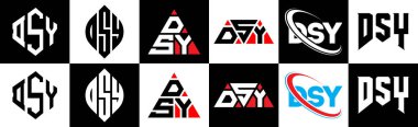 DSY harf logosu tasarımı, altı tarzda. DSY çokgeni, çember, üçgen, altıgen, düz ve basit stil siyah ve beyaz renk varyasyon harfi logosu bir sanat tahtasında. DSY minimalist ve klasik logo