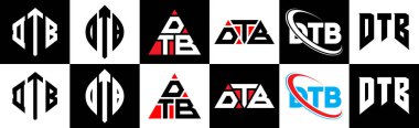 DTB harfli logo tasarımı. Altı stili. DTB çokgeni, çember, üçgen, altıgen, düz ve basit stil siyah ve beyaz renk varyasyon harfi logosu bir sanat tahtasında. DTB minimalist ve klasik logo