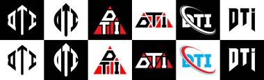 DTI harf logosu tasarımı. Altı stili. DTI çokgeni, çember, üçgen, altıgen, düz ve basit stil siyah ve beyaz renk varyasyon harfi logosu bir sanat tahtasında. DTI minimalist ve klasik logo