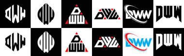 Altı stili DWW harf logosu tasarımı. DWW çokgeni, çember, üçgen, altıgen, düz ve basit stil siyah ve beyaz renk varyasyon harfi logosu bir sanat tahtasında. DWW minimalist ve klasik logo