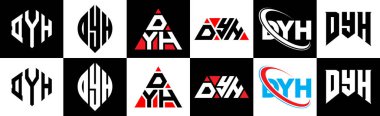 DYH harf logosu tasarımı altı stil. DYH çokgeni, çember, üçgen, altıgen, düz ve basit stil siyah ve beyaz renk varyasyon harfi logosu bir sanat tahtasında. DYH minimalist ve klasik logo