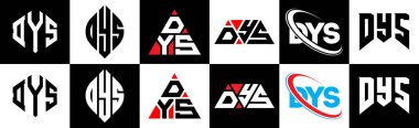 DYS harf logosu tasarımı, altı tarzda. DYS çokgeni, çember, üçgen, altıgen, düz ve basit stil, siyah ve beyaz renk varyasyon harfi logosu bir sanat tahtasında. DYS minimalist ve klasik logo