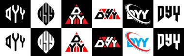 DYY harf logosu tasarımı altı stil. DYY çokgeni, çember, üçgen, altıgen, düz ve basit stil siyah ve beyaz renk varyasyon harfi logosu bir sanat tahtasında. DYY minimalist ve klasik logo