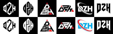 DZH harf logosu tasarımı altı stilde. DZH çokgeni, çember, üçgen, altıgen, düz ve basit stil siyah ve beyaz renk varyasyon harfi logosu bir sanat tahtasında. DZH minimalist ve klasik logo