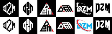 DZM harf logosu tasarımı altı stil. DZM çokgeni, çember, üçgen, altıgen, düz ve basit stil siyah ve beyaz renk varyasyon harfi logosu bir sanat tahtasında. DZM minimalist ve klasik logo