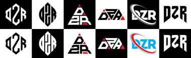 DZR harf logosu tasarımı altı stil. DZR çokgeni, çember, üçgen, altıgen, düz ve basit stil siyah ve beyaz renk varyasyon harfi logosu bir sanat tahtasında. DZR minimalist ve klasik logo