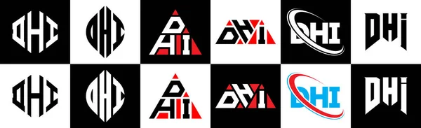 Dhi字母标识设计有六种风格 Dhi多边形 三角形 六边形 平面和简单的风格与黑白变化字母标识设置在一个艺术板 Dhi简约和经典标志 — 图库矢量图片