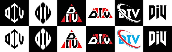 Div文字ロゴデザイン6スタイルで Div多角形 三角形 六角形 フラットと黒と白の色のバリエーション文字のロゴが1つのアートボードに設定されているシンプルなスタイル Divミニマリストと古典的なロゴ — ストックベクタ
