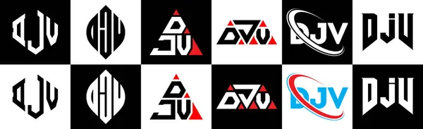 Djv文字のロゴデザイン6つのスタイルで Djv多角形 三角形 六角形 フラットと黒と白の色のバリエーション文字のロゴが1つのアートボードに設定されているシンプルなスタイル Djvミニマリストと古典的なロゴ — ストックベクタ
