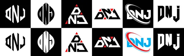 Diseño Del Logotipo Letra Dnj Seis Estilos Dnj Polígono Círculo — Archivo Imágenes Vectoriales