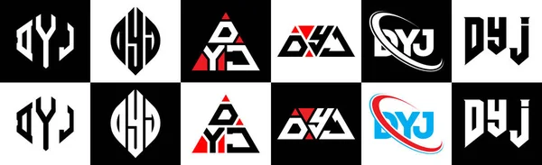 Dyj字母标识设计有六种风格 Dyj多边形 三角形 六边形 扁平和简单的风格 黑色和白色的变化字母标识设置在一个艺术板 Dyj简约和经典标志 — 图库矢量图片