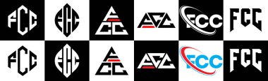 FCC harf logosu tasarımı altı stilde. FCC çokgeni, çember, üçgen, altıgen, düz ve basit stil, siyah ve beyaz renk varyasyon harfi logosu bir sanat tahtasında. FCC minimalist ve klasik logo