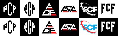 FCF harf logosu tasarımı, altı tarzda. FCF çokgeni, çember, üçgen, altıgen, düz ve basit stil, siyah ve beyaz renk varyasyon harfi logosu bir sanat tahtasında. FCF minimalist ve klasik logo