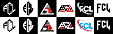 FCL harf logosu tasarımı altı stilde. FCL çokgeni, çember, üçgen, altıgen, düz ve basit stil, siyah ve beyaz renk varyasyon harfi logosu bir sanat tahtasında. FCL minimalist ve klasik logo