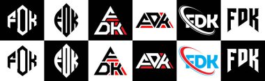 FDK harf logosu tasarımı altı stilde. FDK çokgeni, çember, üçgen, altıgen, düz ve basit stil, siyah ve beyaz renk varyasyon harfi logosu bir sanat tahtasında. FDK minimalist ve klasik logo