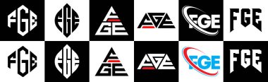 FGE harfi logo tasarımı altı stil. FGE çokgeni, çember, üçgen, altıgen, düz ve basit stil, siyah ve beyaz renk varyasyon harfi logosu bir sanat tahtasında. FGE minimalist ve klasik logo