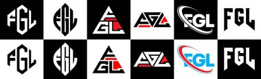 FGL harf logosu tasarımı altı stilde. FGL çokgeni, çember, üçgen, altıgen, düz ve basit stil, siyah ve beyaz renk varyasyon harfi logosu bir sanat tahtasında. FGL minimalist ve klasik logo