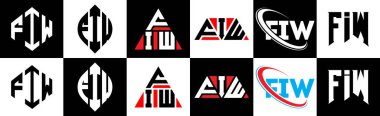 Altı stili FIW harf logosu tasarımı. FIW çokgen, çember, üçgen, altıgen, düz ve basit stil, siyah ve beyaz renk varyasyon harfi logosu bir sanat tahtasında. FIW minimalist ve klasik logo