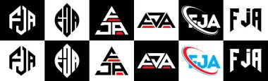 FJA harf logosu tasarımı altı stil. FJA çokgeni, çember, üçgen, altıgen, düz ve basit stil siyah ve beyaz renk varyasyon harfi logosu bir sanat tahtasında. FJA minimalist ve klasik logo