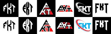 FKT harf logosu tasarımı altı stil. FKT çokgeni, çember, üçgen, altıgen, düz ve basit stil, siyah ve beyaz renk varyasyon harfi logosu bir sanat tahtasında. FKT minimalist ve klasik logo