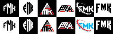 FMK harf logosu tasarımı altı stilde. FMK çokgeni, çember, üçgen, altıgen, düz ve basit stil, siyah ve beyaz renk varyasyon harfi logosu bir sanat tahtasında. FMK minimalist ve klasik logo