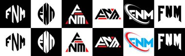 FNM harfli logo tasarımı. Altı stili. FNM çokgeni, çember, üçgen, altıgen, düz ve basit stil, siyah ve beyaz renk varyasyon harfi logosu bir sanat tahtasında. FNM minimalist ve klasik logo