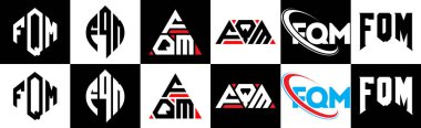 FQM harf logosu tasarımı altı stilde. FQM çokgeni, çember, üçgen, altıgen, düz ve basit stil, siyah ve beyaz renk varyasyon harfi logosu bir sanat tahtasında. FQM minimalist ve klasik logo