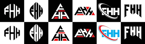 6つのスタイルでFhh文字のロゴデザイン Fhh多角形 三角形 六角形 フラットと黒と白の色バリエーション文字のロゴが1つのアートボードに設定されているシンプルなスタイル Fhhミニマリストと古典的なロゴ — ストックベクタ