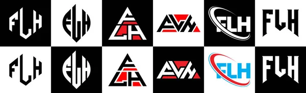 6つのスタイルでFlh文字のロゴデザイン Flh多角形 三角形 六角形 フラットと黒と白の色のバリエーション文字のロゴが1つのアートボードに設定されているシンプルなスタイル Flhミニマリストと古典的なロゴ — ストックベクタ