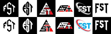 FST harfi logo tasarımı. Altı stili. FST çokgeni, çember, üçgen, altıgen, düz ve basit stil, siyah ve beyaz renk varyasyon harfi logosu bir sanat tahtasında. FST minimalist ve klasik logo