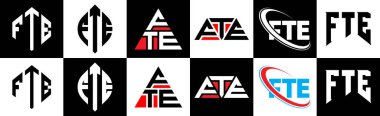 FTE harfi logo tasarımı altı stilde. FTE çokgeni, çember, üçgen, altıgen, düz ve basit stil, siyah ve beyaz renk varyasyon harfi logosu bir sanat tahtasında. FTE minimalist ve klasik logo