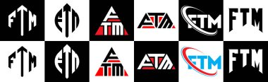 FTM harfli logo tasarımı. Altı stili. FTM çokgeni, çember, üçgen, altıgen, düz ve basit stil, siyah ve beyaz renk varyasyon harfi logosu bir sanat tahtasında. FTM minimalist ve klasik logo