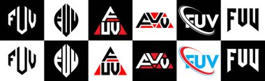 FUV harfli logo tasarımı. Altı stili. FUV çokgeni, çember, üçgen, altıgen, düz ve basit stil siyah ve beyaz renk varyasyon harfi logosu bir sanat tahtasında. FUV minimalist ve klasik logo