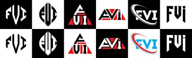 FVI harf logosu tasarımı altı stil. FVI çokgeni, çember, üçgen, altıgen, düz ve basit stil siyah ve beyaz renk varyasyon harfi logosu bir sanat tahtasında. FVI minimalist ve klasik logo