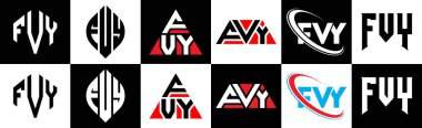 FVY harf logosu tasarımı altı stil. FVY çokgeni, çember, üçgen, altıgen, düz ve basit stil siyah ve beyaz renk varyasyon harfi logosu bir sanat tahtasında. FVY minimalist ve klasik logo