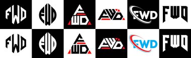 FWD harfli logo tasarımı. Altı stili. FWD çokgeni, çember, üçgen, altıgen, düz ve basit stil, siyah ve beyaz renk varyasyon harfi logosu bir sanat tahtasında. FWD minimalist ve klasik logo