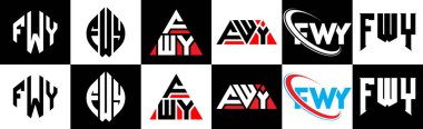 FWY harf logosu tasarımı altı stil. FWY çokgeni, çember, üçgen, altıgen, düz ve basit stil siyah ve beyaz renk varyasyon harfi logosu bir sanat tahtasında. FWY minimalist ve klasik logo