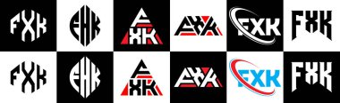 FXK harf logosu tasarımı altı stilde. FXK çokgeni, çember, üçgen, altıgen, düz ve basit stil, siyah ve beyaz renk varyasyon harfi logosu bir sanat tahtasında. FXK minimalist ve klasik logo