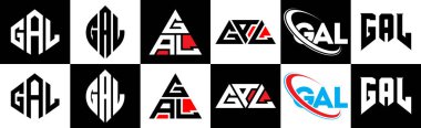 GAL harf logosu tasarımı altı stilde. GAL çokgen, çember, üçgen, altıgen, düz ve basit stil, siyah ve beyaz renk varyasyon harfi logosu bir sanat tahtasında. GAL minimalist ve klasik logo