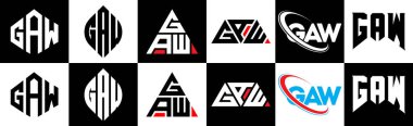 GAW harfli logo tasarımı. Altı stili. GAW çokgen, çember, üçgen, altıgen, düz ve basit stil siyah ve beyaz renk varyasyon harfi logosu bir sanat tahtasında. GAW minimalist ve klasik logo