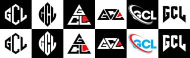 GCL harf logosu tasarımı altı stilde. GCL çokgeni, çember, üçgen, altıgen, düz ve basit stil siyah ve beyaz renk varyasyon harfi logosu bir sanat tahtasında. GCL minimalist ve klasik logo