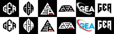 GEA harf logosu tasarımı altı stilde. GEA çokgeni, çember, üçgen, altıgen, düz ve basit stil, siyah ve beyaz renk varyasyon harfi logosu bir sanat tahtasında. GEA minimalist ve klasik logo