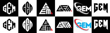 GEM harf logosu tasarımı altı stilde. GEM çokgeni, çember, üçgen, altıgen, düz ve basit stil, siyah ve beyaz renk varyasyon harfi logosu bir sanat tahtasında. GEM minimalist ve klasik logo