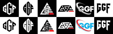 GGF harf logosu tasarımı. Altı stili. GGF çokgeni, çember, üçgen, altıgen, düz ve basit stil siyah ve beyaz renk varyasyon harfi logosu bir sanat tahtasında. GGF minimalist ve klasik logo