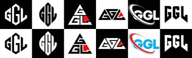 GGL harf logosu tasarımı altı stilde. GGL çokgeni, çember, üçgen, altıgen, düz ve basit stil siyah ve beyaz renk varyasyon harfi logosu bir sanat tahtasında. GGL minimalist ve klasik logo