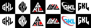 GKL harf logosu tasarımı altı stilde. GKL çokgeni, çember, üçgen, altıgen, düz ve basit stil siyah ve beyaz renk varyasyon harfi logosu bir sanat tahtasında. GKL minimalist ve klasik logo